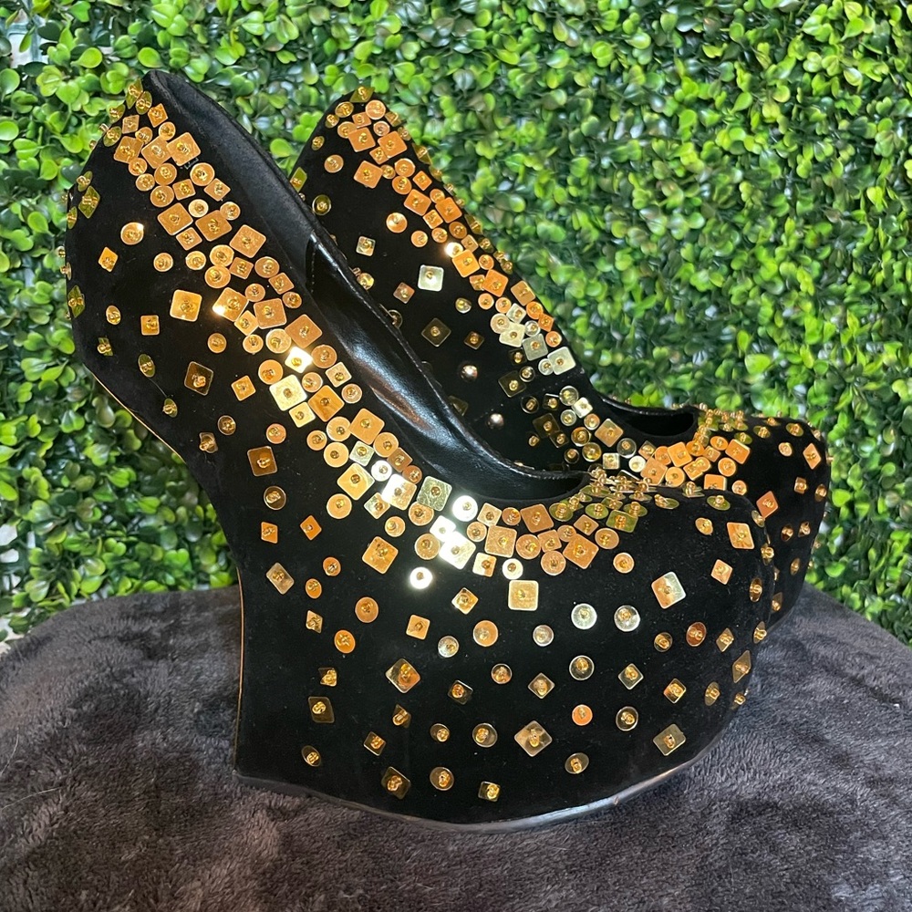 Black Velvet w/ Gold Accents No Heel Wedges